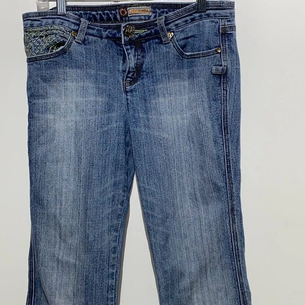 JouJou Womens Bootcut Jeans Medium Wash‎ Embroidered Heart Button Y2K Blue Denim